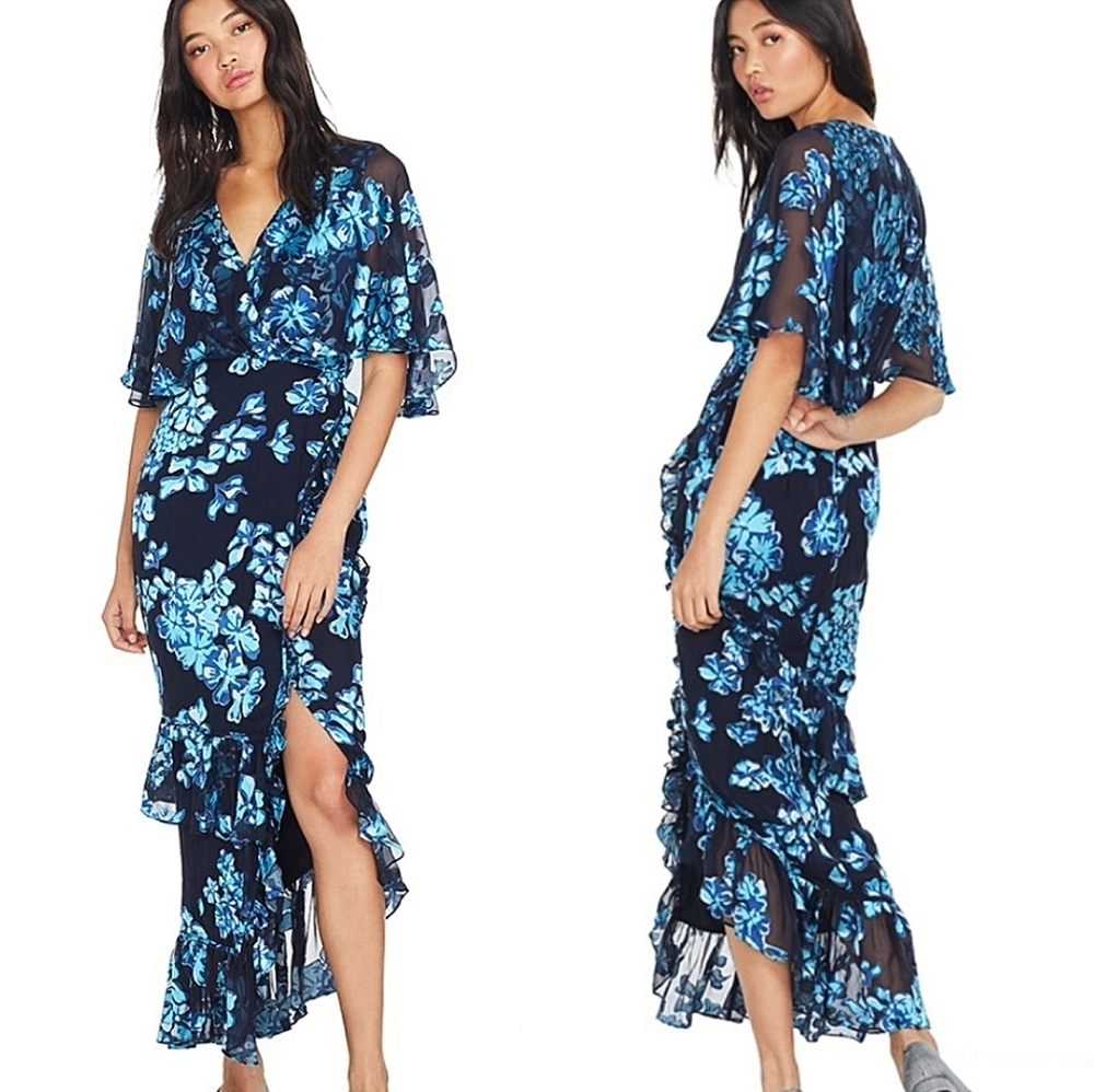 Saloni Rose Satin Burnout Silk Ruffle Mermaid Cape Midi Dress
